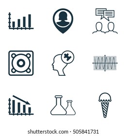 Set Of 9 Universal Editable Icons. Can Be Used For Web, Mobile And App Design. Includes Icons Such As Chemical, Music, Discussion And More.