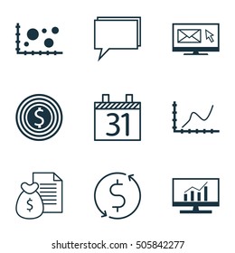 Set Of 9 Universal Editable Icons. Can Be Used For Web, Mobile And App Design. Includes Icons Such As Report, Date, Business Goal And More.