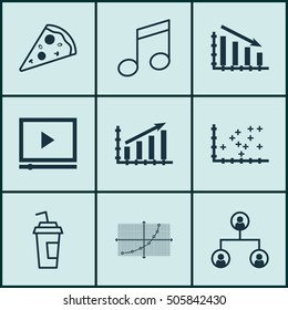 Set Of 9 Universal Editable Icons. Can Be Used For Web, Mobile And App Design. Includes Icons Such As Sliced Pizza, Plot Diagram, Line Grid And More.