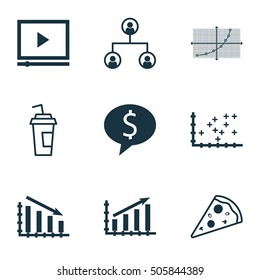 Set Of 9 Universal Editable Icons. Can Be Used For Web, Mobile And App Design. Includes Icons Such As Video Player, Business Deal, Profit Graph And More.