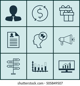 Set Of 9 Universal Editable Icons. Can Be Used For Web, Mobile And App Design. Includes Icons Such As Market Research, Media Campaign, Segmented Bar Graph And More.