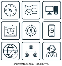 Set Of 9 Universal Editable Icons. Can Be Used For Web, Mobile And App Design. Includes Icons Such As Desktop Computer, Money Recycle, Call Duration And More.