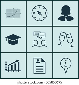 Set Of 9 Universal Editable Icons. Can Be Used For Web, Mobile And App Design. Includes Icons Such As Champagne Glasses, Line Up, Profit Graph And More.