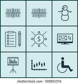 Set Of 9 Universal Editable Icons. Can Be Used For Web, Mobile And App Design. Includes Icons Such As Cosinus Diagram, Newsletter, Accessibility And More.