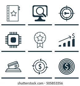 Set Of 9 Universal Editable Icons. Can Be Used For Web, Mobile And App Design. Includes Icons Such As Keyword Marketing, Money Recycle, Chip And More.