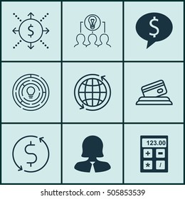 Set Of 9 Universal Editable Icons. Can Be Used For Web, Mobile And App Design. Includes Icons Such As Business Woman, Credit Card, Money Trasnfer And More.