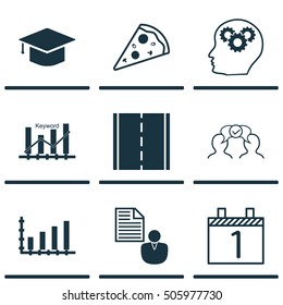 Set Of 9 Universal Editable Icons. Can Be Used For Web, Mobile And App Design. Includes Icons Such As Sliced Pizza, Graduation, Report And More.