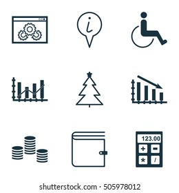 Set Of 9 Universal Editable Icons. Can Be Used For Web, Mobile And App Design. Includes Icons Such As Financial, Decorated Tree, Info Pointer And More.