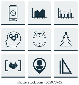 Set Of 9 Universal Editable Icons. Can Be Used For Web, Mobile And App Design. Includes Icons Such As Sequence Graphics, Decorated Tree, Time Management And More.
