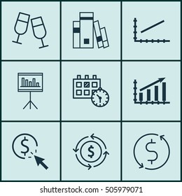 Set Of 9 Universal Editable Icons. Can Be Used For Web, Mobile And App Design. Includes Icons Such As Presentation, Profit Graph, Library And More.