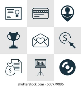 Set Of 9 Universal Editable Icons. Can Be Used For Web, Mobile And App Design. Includes Icons Such As Greeting Email, Employee Location, PPC And More.