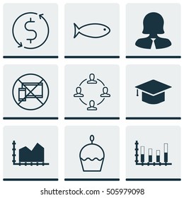 Set Of 9 Universal Editable Icons. Can Be Used For Web, Mobile And App Design. Includes Icons Such As Collaboration, Business Woman, Birthday Cake And More.