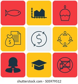 Set Of 9 Universal Editable Icons. Can Be Used For Web, Mobile And App Design. Includes Icons Such As Graduation, Report, Sequence Graphics And More.