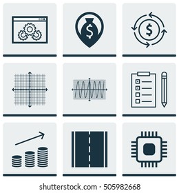 Set Of 9 Universal Editable Icons. Can Be Used For Web, Mobile And App Design. Includes Icons Such As Graphical Grid, Coins Growth, Website Performance And More.