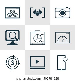 Set Of 9 Universal Editable Icons. Can Be Used For Web, Mobile And App Design. Includes Icons Such As Questionnaire, Loading Speed, Video Player And More.