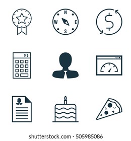 Set Of 9 Universal Editable Icons. Can Be Used For Web, Mobile And App Design. Includes Icons Such As Money Trasnfer, Sliced Pizza, Present Badge And More.