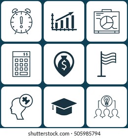 Set Of 9 Universal Editable Icons. Can Be Used For Web, Mobile And App Design. Includes Icons Such As Pin, Profit Graph, Human Mind And More.