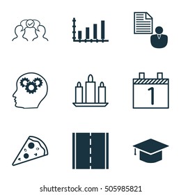 Set Of 9 Universal Editable Icons. Can Be Used For Web, Mobile And App Design. Includes Icons Such As Brain Process, Photo Camera, Dynamics And More.