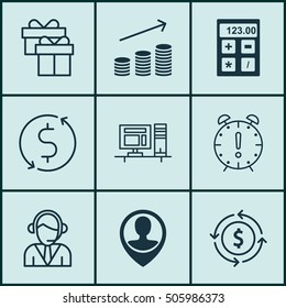 Set Of 9 Universal Editable Icons. Can Be Used For Web, Mobile And App Design. Includes Icons Such As Money Recycle, Coins Growth, Financial And More.