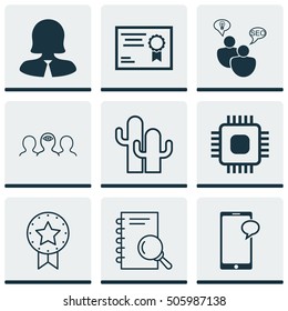 Set Of 9 Universal Editable Icons. Can Be Used For Web, Mobile And App Design. Includes Icons Such As Business Woman, Certificate, SEO Brainstorm And More.