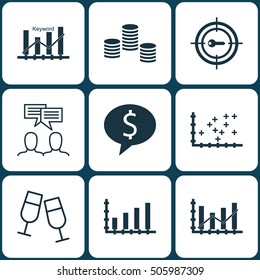 Set Of 9 Universal Editable Icons. Can Be Used For Web, Mobile And App Design. Includes Icons Such As Dynamics, Keyword Optimisation, Money And More.