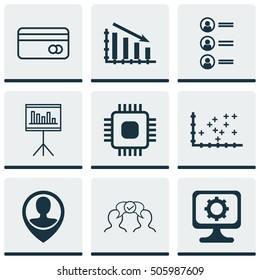 Set Of 9 Universal Editable Icons. Can Be Used For Web, Mobile And App Design. Includes Icons Such As Plastic Card, PC, Presentation And More.