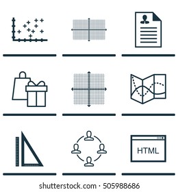 Set Of 9 Universal Editable Icons. Can Be Used For Web, Mobile And App Design. Includes Icons Such As Road Map, Curriculum Vitae, Graphical Grid And More.