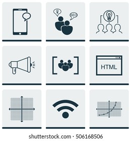 Set Of 9 Universal Editable Icons. Can Be Used For Web, Mobile And App Design. Includes Icons Such As Media Campaign, Line Grid, SEO Brainstorm And More.