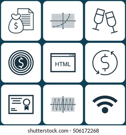 Set Of 9 Universal Editable Icons. Can Be Used For Web, Mobile And App Design. Includes Icons Such As Cosinus Diagram, Line Grid, Report And More.