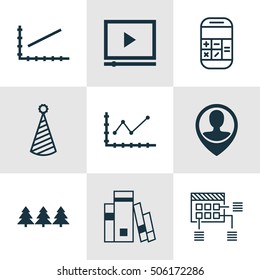 Set Of 9 Universal Editable Icons. Can Be Used For Web, Mobile And App Design. Includes Icons Such As Line Graph, Birthday Hat, Changes Graph And More.