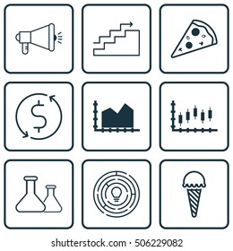 Set Of 9 Universal Editable Icons. Can Be Used For Web, Mobile And App Design. Includes Icons Such As Growth, Stock Market, Chemical And More.