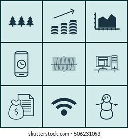 Set Of 9 Universal Editable Icons. Can Be Used For Web, Mobile And App Design. Includes Icons Such As Wireless, Holiday Ornament, Report And More.