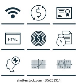 Set Of 9 Universal Editable Icons. Can Be Used For Web, Mobile And App Design. Includes Icons Such As Coding, Certificate, Wireless And More.