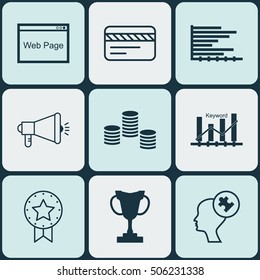 Set Of 9 Universal Editable Icons. Can Be Used For Web, Mobile And App Design. Includes Icons Such As Money, Human Mind, Keyword Optimisation And More.