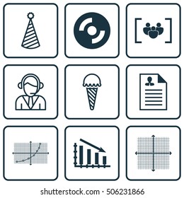 Set Of 9 Universal Editable Icons. Can Be Used For Web, Mobile And App Design. Includes Icons Such As Curriculum Vitae, Operator, Birthday Hat And More.