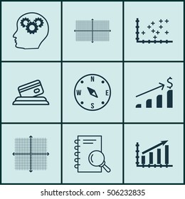 Set Of 9 Universal Editable Icons. Can Be Used For Web, Mobile And App Design. Includes Icons Such As Analysis, Square Diagram, Profit Graph And More.