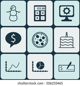 Set Of 9 Universal Editable Icons. Can Be Used For Web, Mobile And App Design. Includes Icons Such As PC, Winter, Circle Graph And More.
