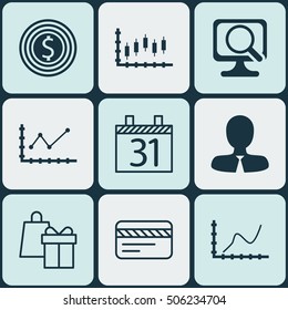 Set Of 9 Universal Editable Icons. Can Be Used For Web, Mobile And App Design. Includes Icons Such As Laptop, Changes Graph, Business Goal And More.