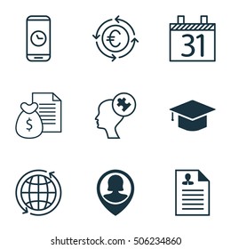 Set Of 9 Universal Editable Icons. Can Be Used For Web, Mobile And App Design. Includes Icons Such As Human Mind, Date, Currency Recycle And More.