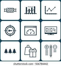 Set Of 9 Universal Editable Icons. Can Be Used For Web, Mobile And App Design. Includes Icons Such As Shopping, Keyword Optimisation, Newsletter And More.