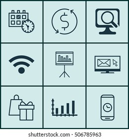 Set Of 9 Universal Editable Icons. Can Be Used For Web, Mobile And App Design. Includes Icons Such As Laptop, Dynamics, Shopping And More.
