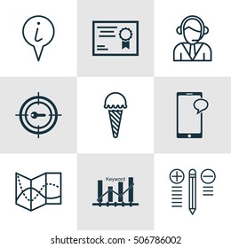 Set Of 9 Universal Editable Icons. Can Be Used For Web, Mobile And App Design. Includes Icons Such As Frozen Food, Info Pointer, Messaging And More.