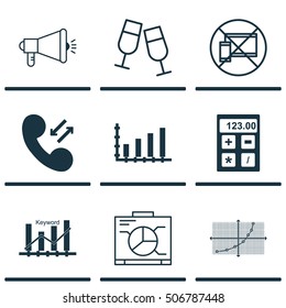 Set Of 9 Universal Editable Icons. Can Be Used For Web, Mobile And App Design. Includes Icons Such As Media Campaign, Champagne Glasses, Forbidden Mobile And More.