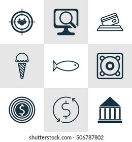 Set Of 9 Universal Editable Icons. Can Be Used For Web, Mobile And App Design. Includes Icons Such As Money Trasnfer, Credit Card, Music And More.