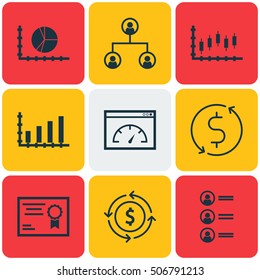 Set Of 9 Universal Editable Icons. Can Be Used For Web, Mobile And App Design. Includes Icons Such As Money Trasnfer, Circle Graph, Dynamics And More.