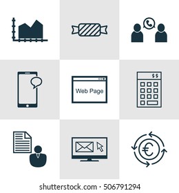 Set Of 9 Universal Editable Icons. Can Be Used For Web, Mobile And App Design. Includes Icons Such As Sequence Graphics, Newsletter, Website And More.