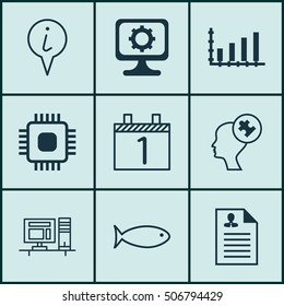 Set Of 9 Universal Editable Icons. Can Be Used For Web, Mobile And App Design. Includes Icons Such As Chip, PC, Fishing And More.