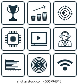 Set Of 9 Universal Editable Icons. Can Be Used For Web, Mobile And App Design. Includes Icons Such As Bars Chart, Video Player, Business Goal And More.