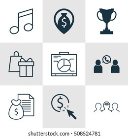Set Of 9 Universal Editable Icons. Can Be Used For Web, Mobile And App Design. Includes Icons Such As Phone Conference, Money Navigation, Tournament And More.