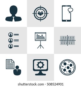 Set Of 9 Universal Editable Icons. Can Be Used For Web, Mobile And App Design. Includes Icons Such As Sinus Graph, Messaging, Job Applicants And More.